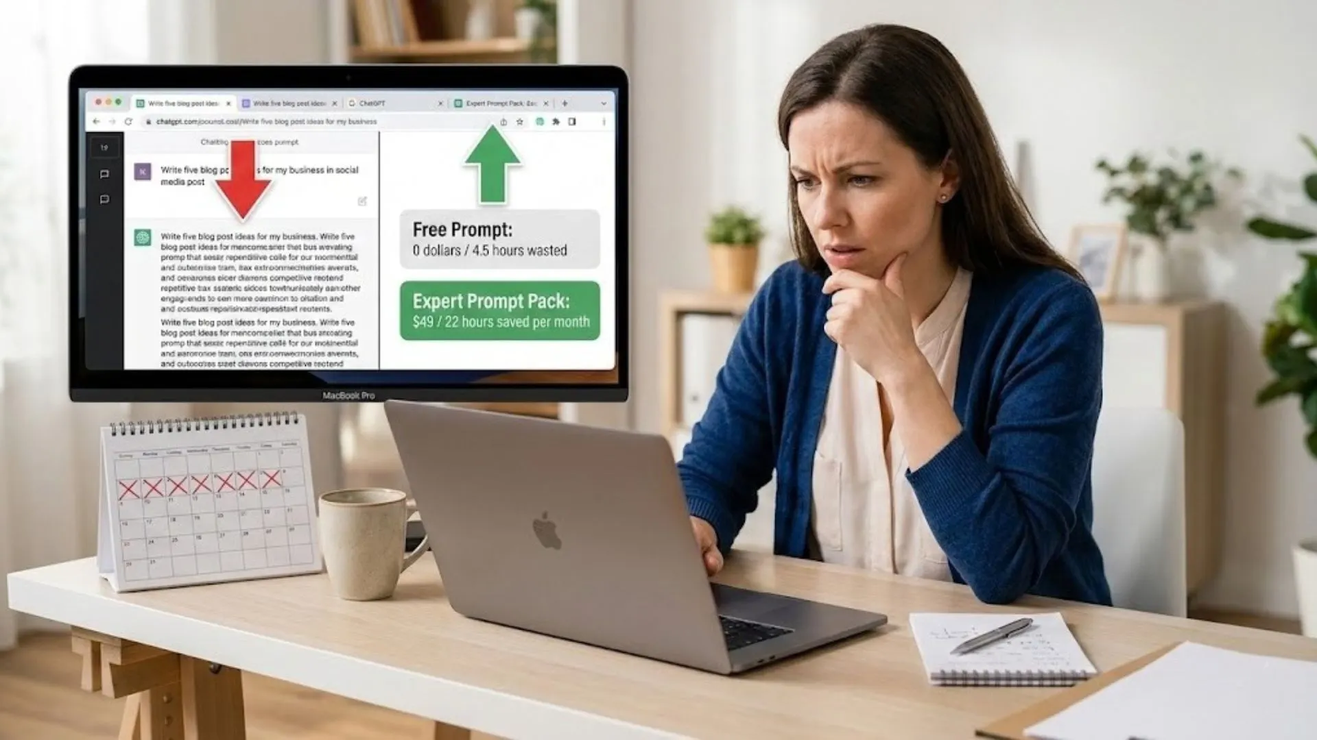 Business owner calculating the real cost of free ChatGPT prompts vs expert ai prompts pricing