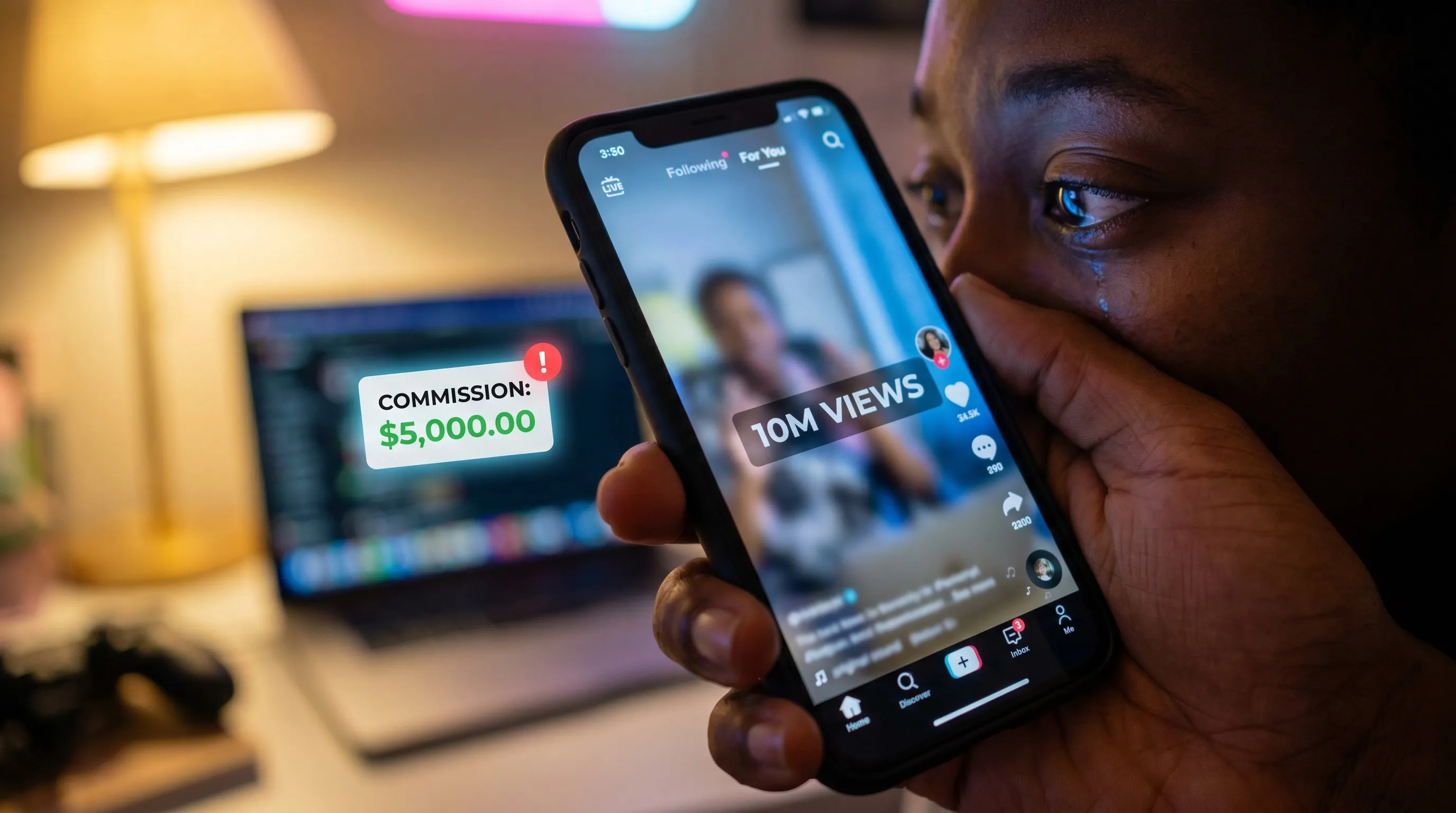 Smartphone displaying a faceless affiliate review video gaining views while commission notifications appear, illustrating early results from SuperAffiliateAI.
