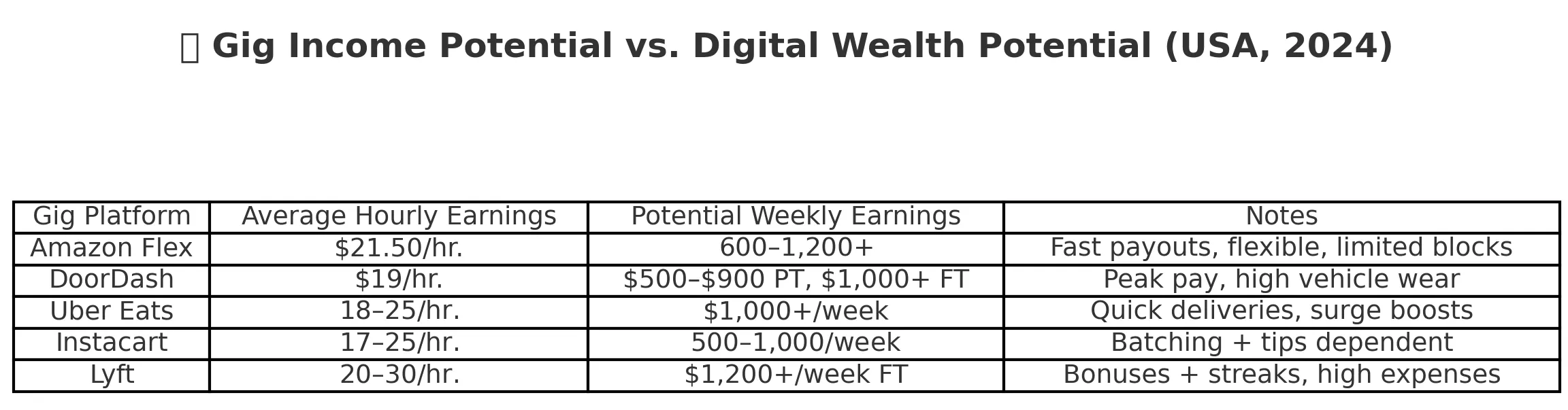 Description chart listing average U.S. gig worker incomes (2024) by platform: Lyft, Amazon Flex, DoorDash, Instacart, Uber.