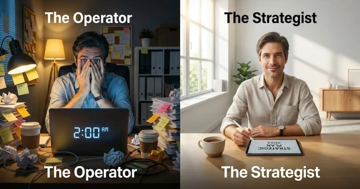 Split screen showing stressed entrepreneur vs calm strategist planning a course launch.