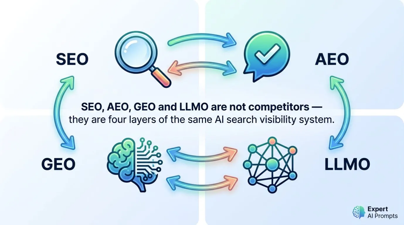Illustrated diagram showing how SEO, AEO, GEO and LLMO work together as a layered AI search visibility system