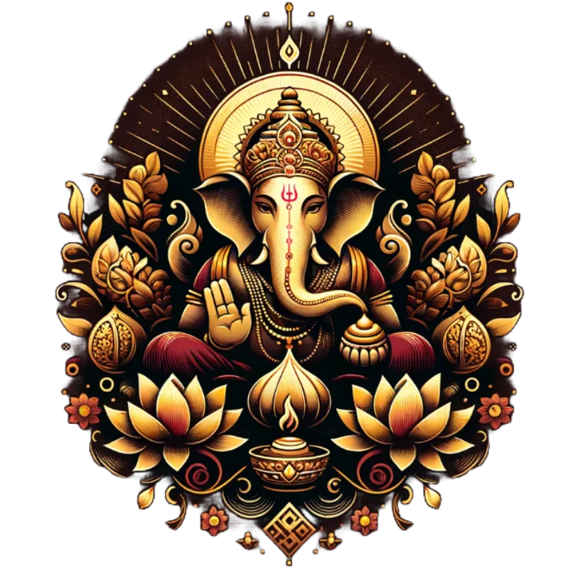 Lord Ganesh decorated with flowers and eating modak