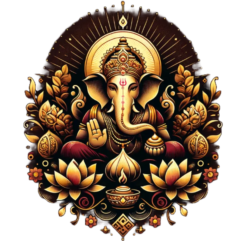 Lord Ganesh decorated with flowers and eating modak