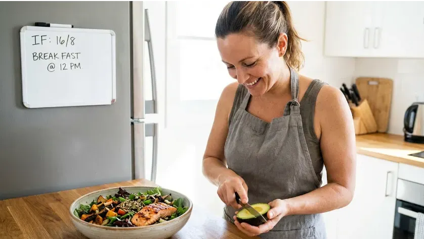 Individual preparing a nutrient-dense meal following a fasting period as part of an intermittent fasting routine.