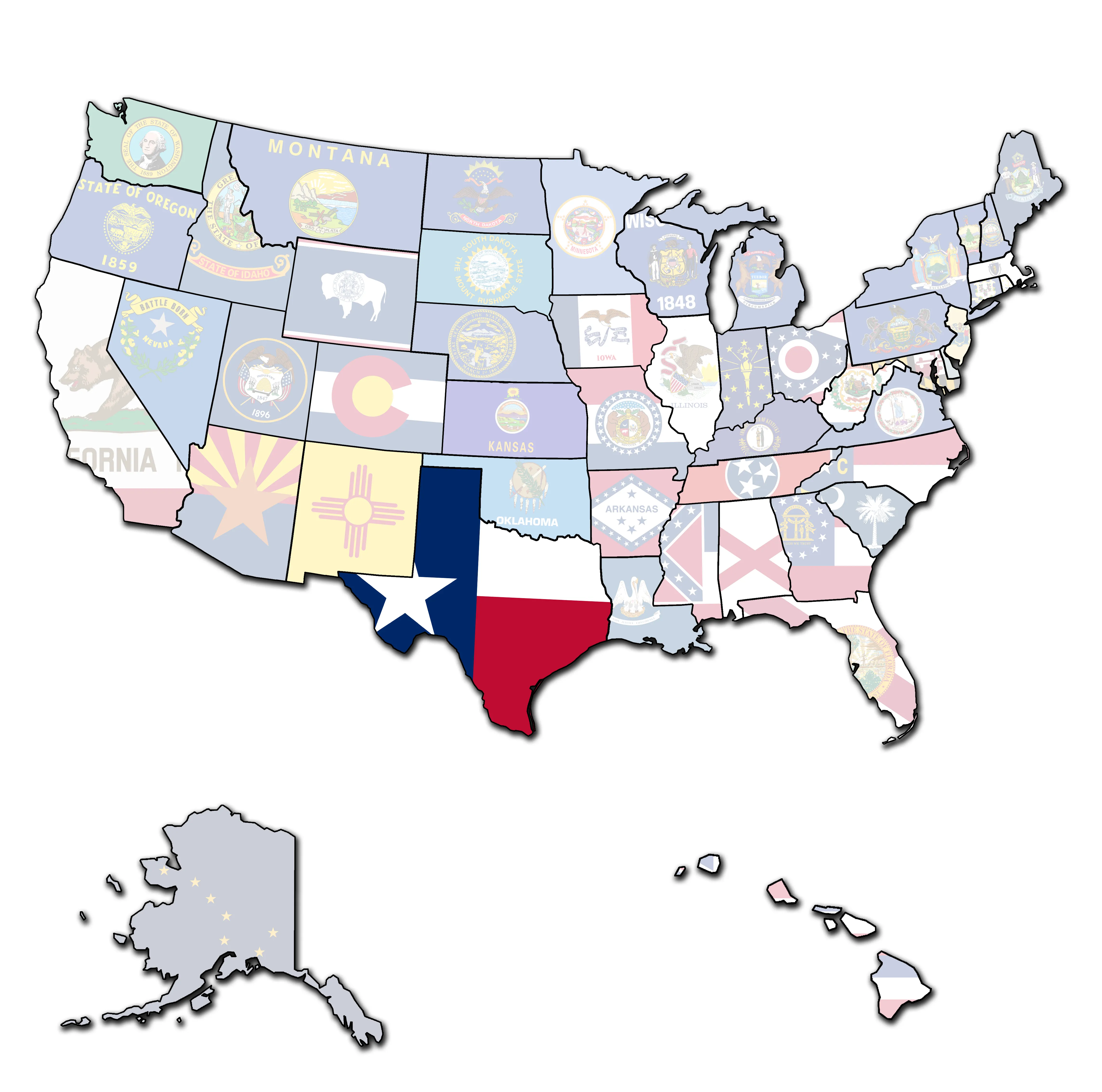 United States map showing Texas highlighted with the Texas state flag.