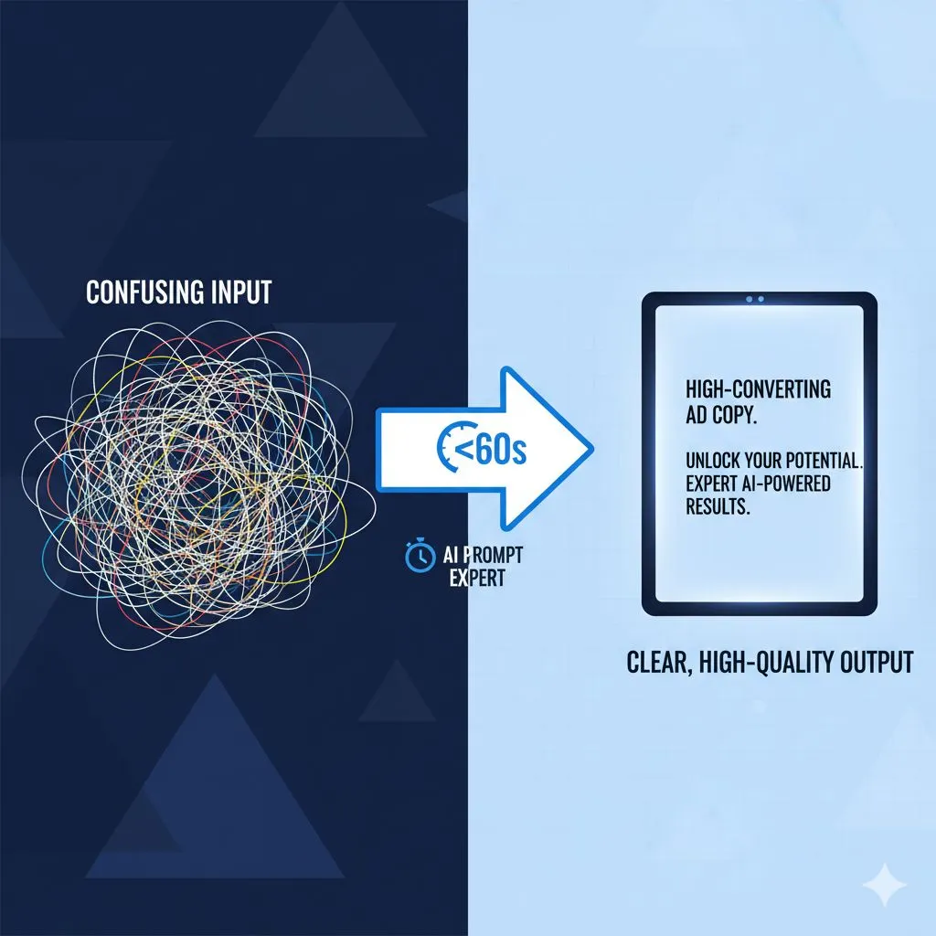 A visual of messy ideas being transformed into high-converting copy in under 60 seconds using expert AI prompt examples.