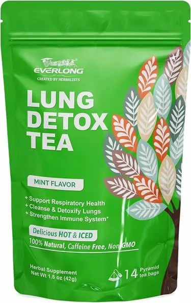 EVERLONG Lung Detox Tea – Mullein Tea with Thyme, Ginseng, Lungwort, Eucalyptus, Liquorice, Spearmint and Sage for Lung Cleanse and Respiratory Health – 14 Herbal Tea Bags, All Natural, Caffeine-Free