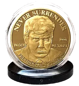 Trumpinator mug shot coin and stand