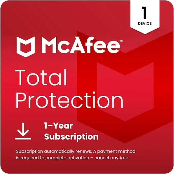 McAfee Total Protection 1-Device 2025 | 1-Year Subscription with Auto-Renewal | Security Software Includes Antivirus, Secure VPN, Password Manager, Identity Monitoring | Download