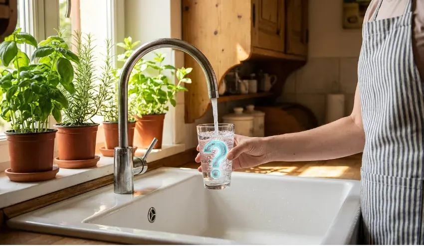 A close-up of a person filling a glass from the kitchen sink, with an overlay showing chemical symbols (e.g., fluoride, chlorine) floating in the water.