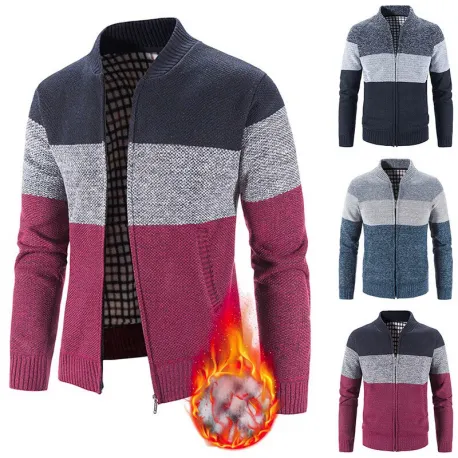 Men Tricolored Thermal Cardigan Sweater, Casual Knitwear Sweatercoat For Men Nicetrendyshoppe