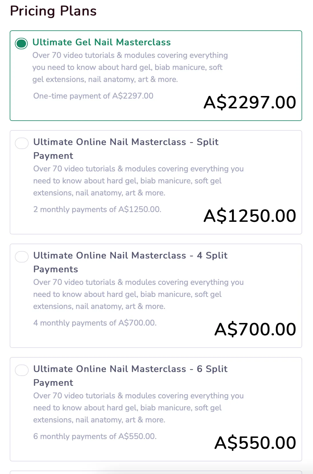 payment plan options elite nail academy