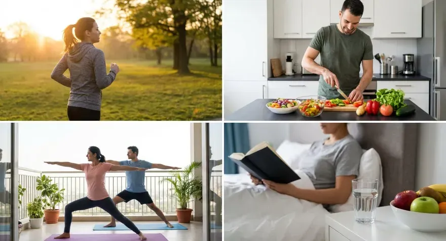 Various images of people with Balanced daily habits supporting long-term health.