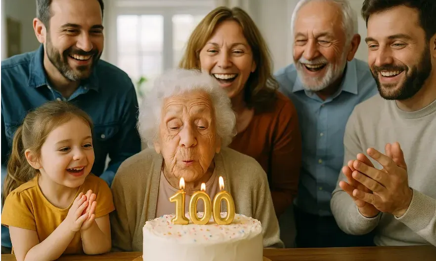 A joyful 100-year-old woman blowing out birthday candles, surrounded by family of all ages