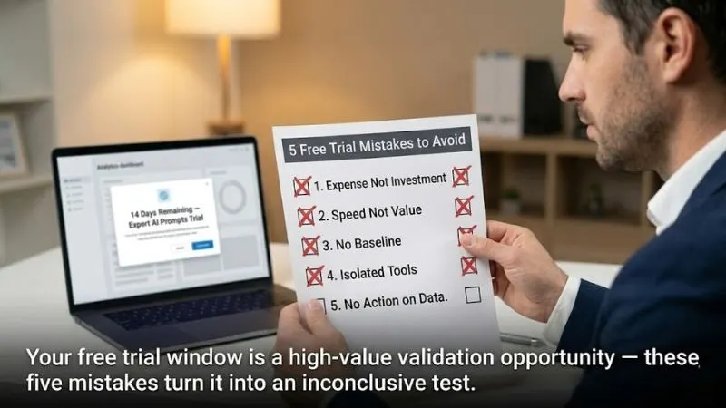Entrepreneur reviewing 5 free trial mistakes checklist during Expert AI Prompts trial with countdown timer 