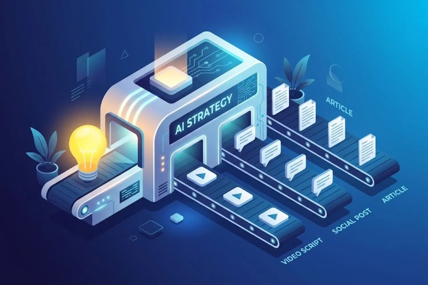 Illustration of a personal branding AI content engine repurposing one idea into multiple formats.