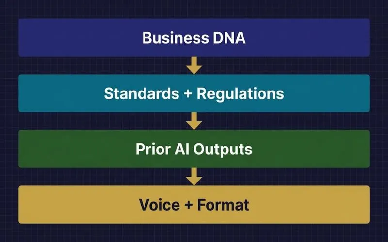 Four layers of context stacking for AI compliance documentation: Business DNA, regulatory standards, prior outputs, voice and format constraints