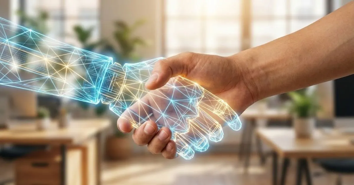 Human and AI collaboration representing the hybrid workforce model.