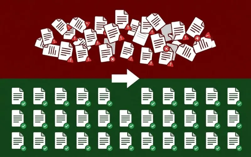 Before and after diagram showing compliance document transformation from scattered gaps to organised library