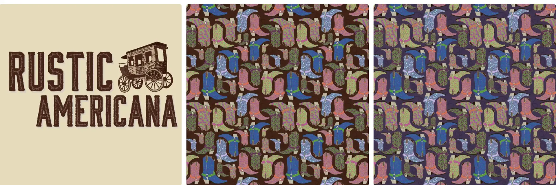 Rustic Americana collection board featuring western-inspired repeat patterns with cowboy hats, boots, cacti, wagons, stars, and bold florals in earthy brown, cream, denim blue, sage, and coral, along with the collection logo, styled throw blanket and tote bag mockups, fabric swatches, and multiple coordinating prints.