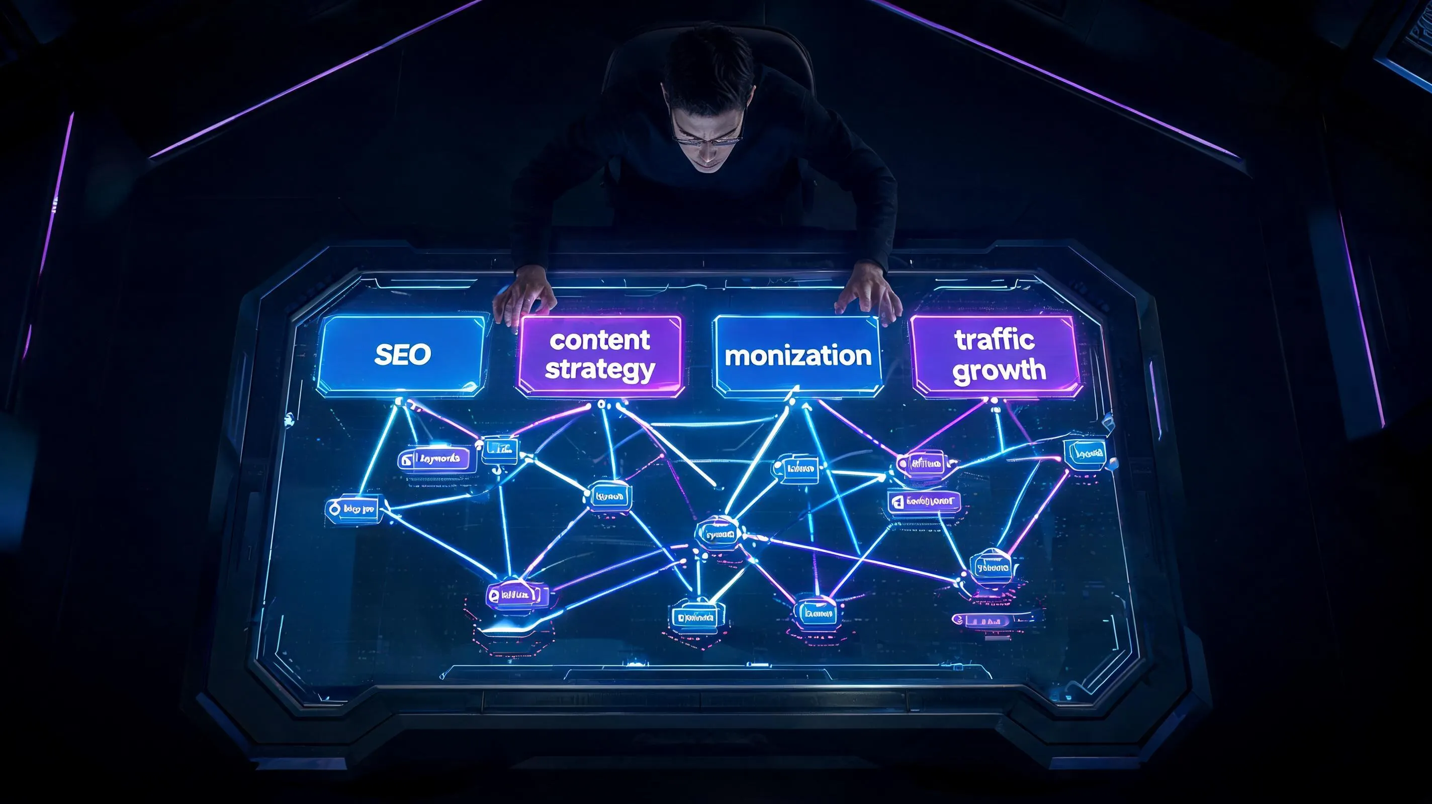 Digital strategist planning blog SEO strategy on holographic interface showing keyword clusters, content planning, and monetization structure for blogging success