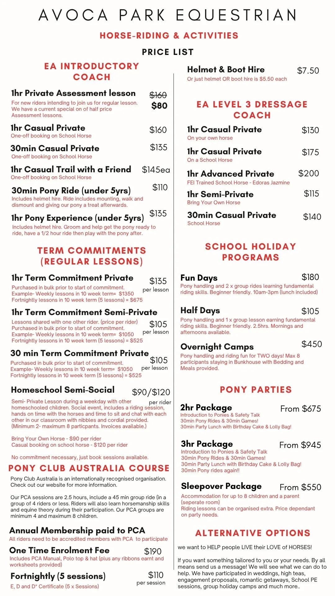 HORSE RIDING PRICE LIST