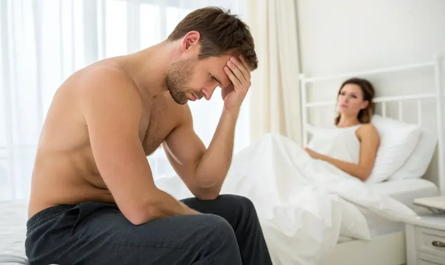 A shirtless man sits on the edge of the bed, his head resting on his hand, seemingly deep in thought or distress. His posture suggests frustration, sadness, or contemplation. In the background, a woman lies in bed, partially covered by a white blanket, gazing at him with a concerned or contemplative expression.