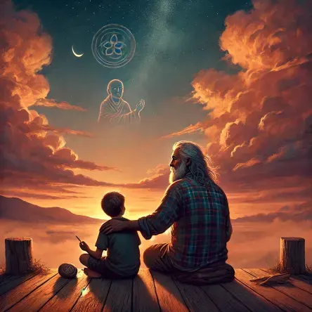 An elder man with long silver hair and a plaid shirt sits beside a young boy at the edge of a wooden dock at sunset. They gaze at a mystical sky filled with glowing clouds, a crescent moon, and the ethereal image of a monk beneath a sacred geometric symbol. The moment is serene and sacred, evoking themes of wisdom, generational guidance, and spiritual connection