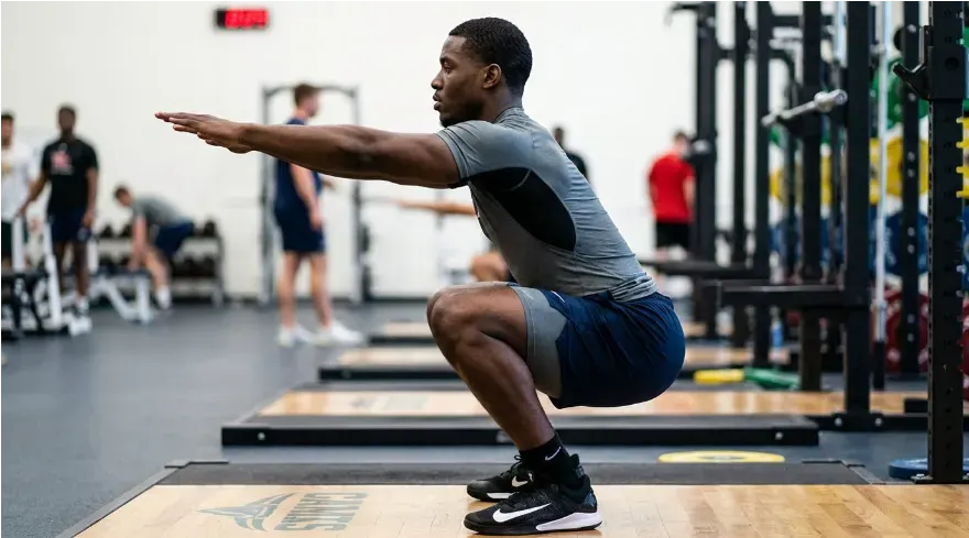 African American male athlete performing a deep controlled squat with upright torso, arms straight out.