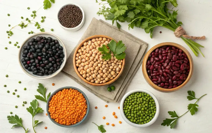 A vibrant and colorful flat-lay of five different legumes, including lentils, chickpeas, black beans, kidney beans, and peas, displayed in small bowls. 