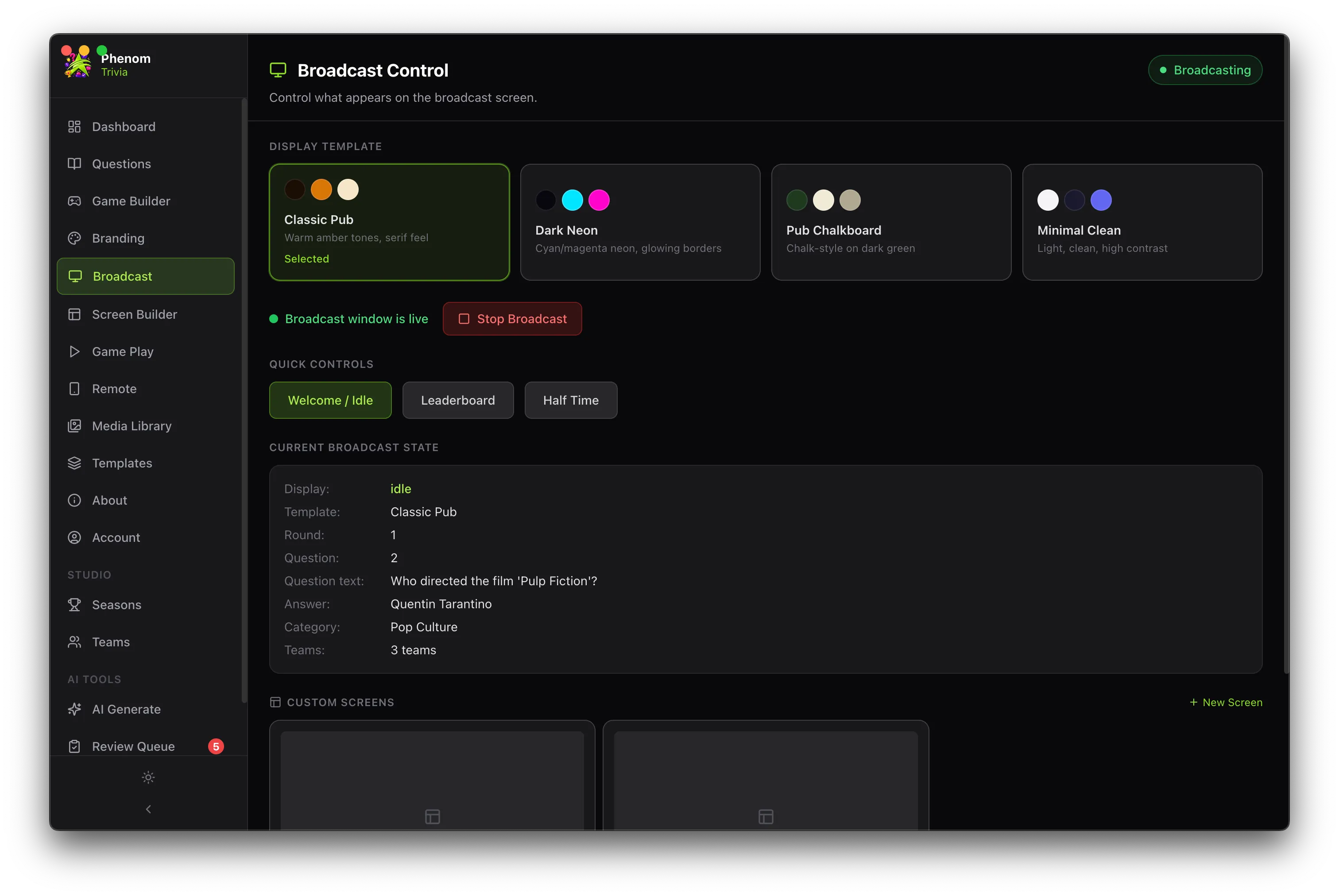 phenom trivia - customisable broadcast screen