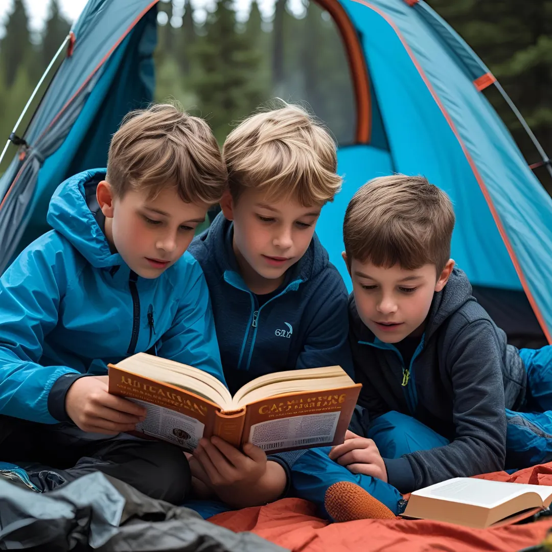 kids reading a book in camp site