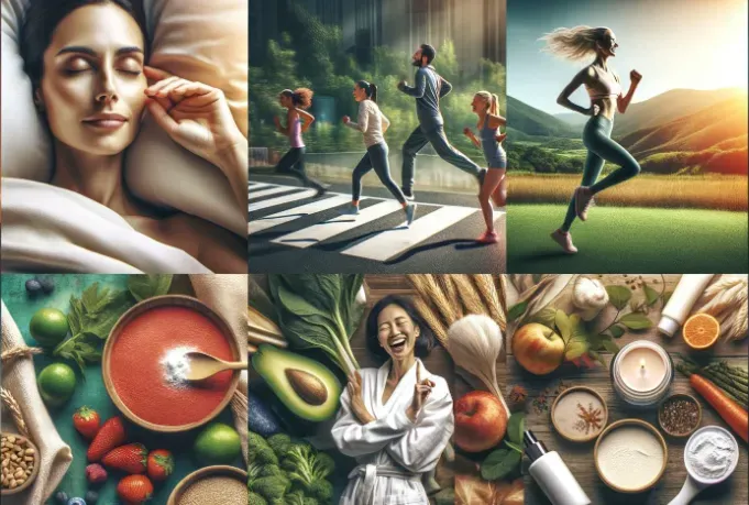 A collage featuring five elements: a serene sleeping woman, a person exercising, a healthy meal, a group of people laughing together, and a skincare routine.