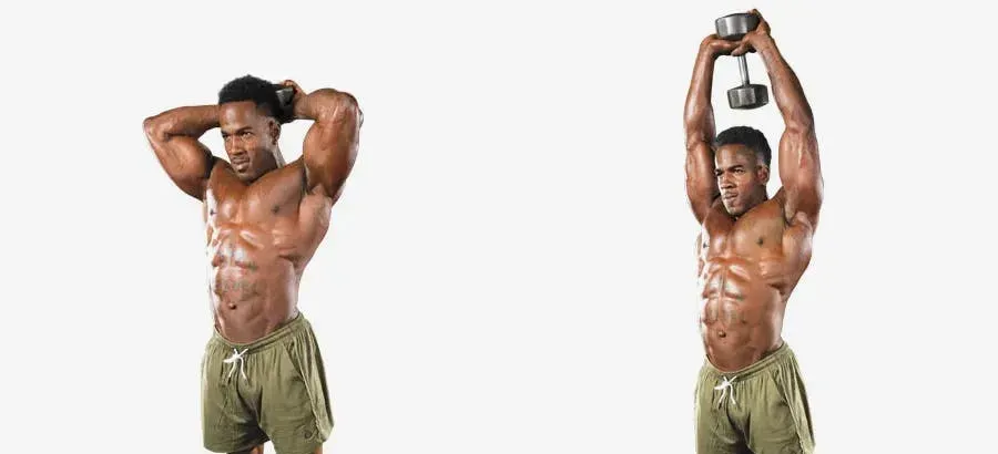 Tutorial image of man doing an overhead triceps press-up.