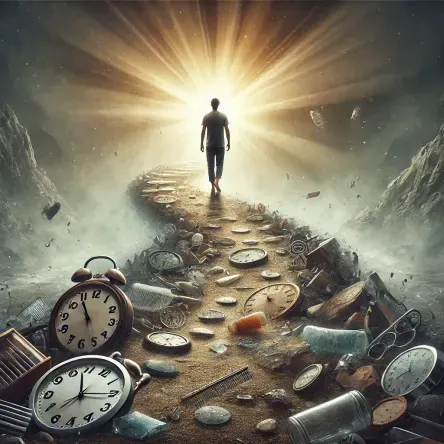 A man walks barefoot along a symbolic path made of broken clocks and chains. Fog gives way to light as he moves forward, symbolizing the emotional process of breaking addiction cycles and embracing self-trust.
