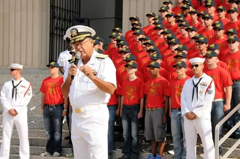 Rear Admiral Charles Williams speaking to the troops on parade