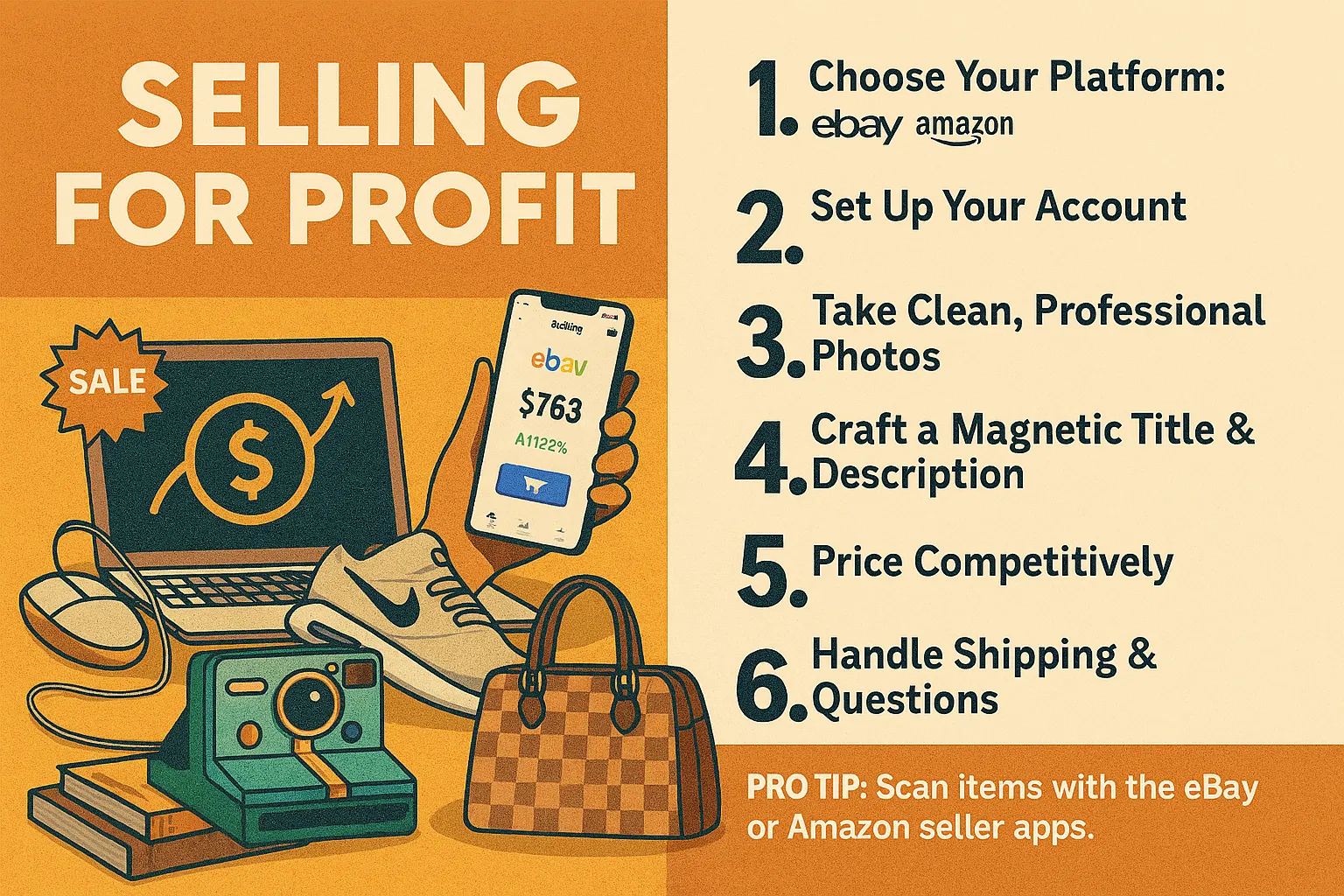 Infographic showing six steps to sell clutter online for profit and convert earnings into Bitcoin, including platform selection, account setup, photography tips, pricing strategy, and shipping guidance.
