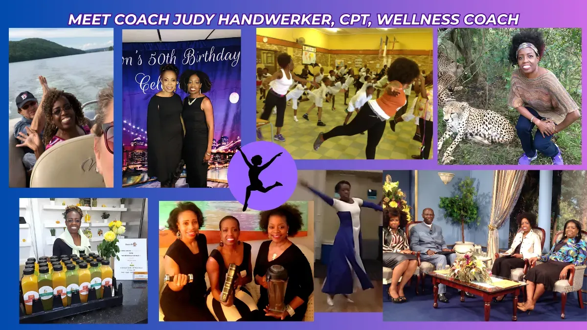 Collage introducing Coach Judy Handwerker, CPT, Wellness Coach, featuring multiple photos that showcase her active lifestyle, leadership, and passion for health and wellness. The collage includes images of Coach Judy enjoying a boat ride on a lake, attending a special celebration with friends, leading a group fitness class, posing beside a cheetah during a wildlife experience, displaying fresh wellness beverages, exercising with colleagues, participating in expressive movement and dance, and appearing on a television-style interview panel. A silhouette of a woman jumping with joy appears at the center, symbolizing vitality and transformation. The colorful montage highlights Coach Judy's commitment to fitness, wellness education, community engagement, adventure, and empowering others to live healthier, more active lives.