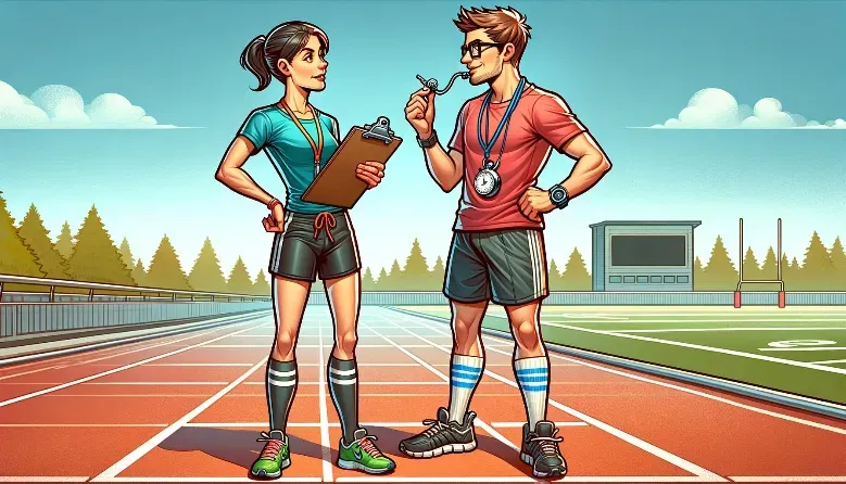 A cartoon image of a track coach with a clipboard talking to her running student.