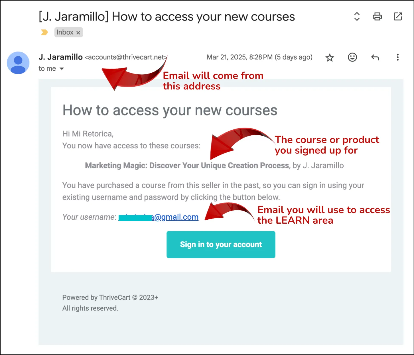 Example of email with course access