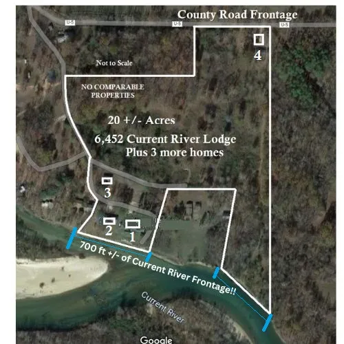 700 ft +/- River frontage, 20 Acres and 4 homes