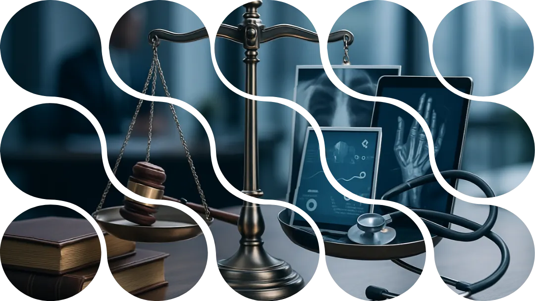 Balança contendo um martelo de juiz de um lado, e itens médicos do outro