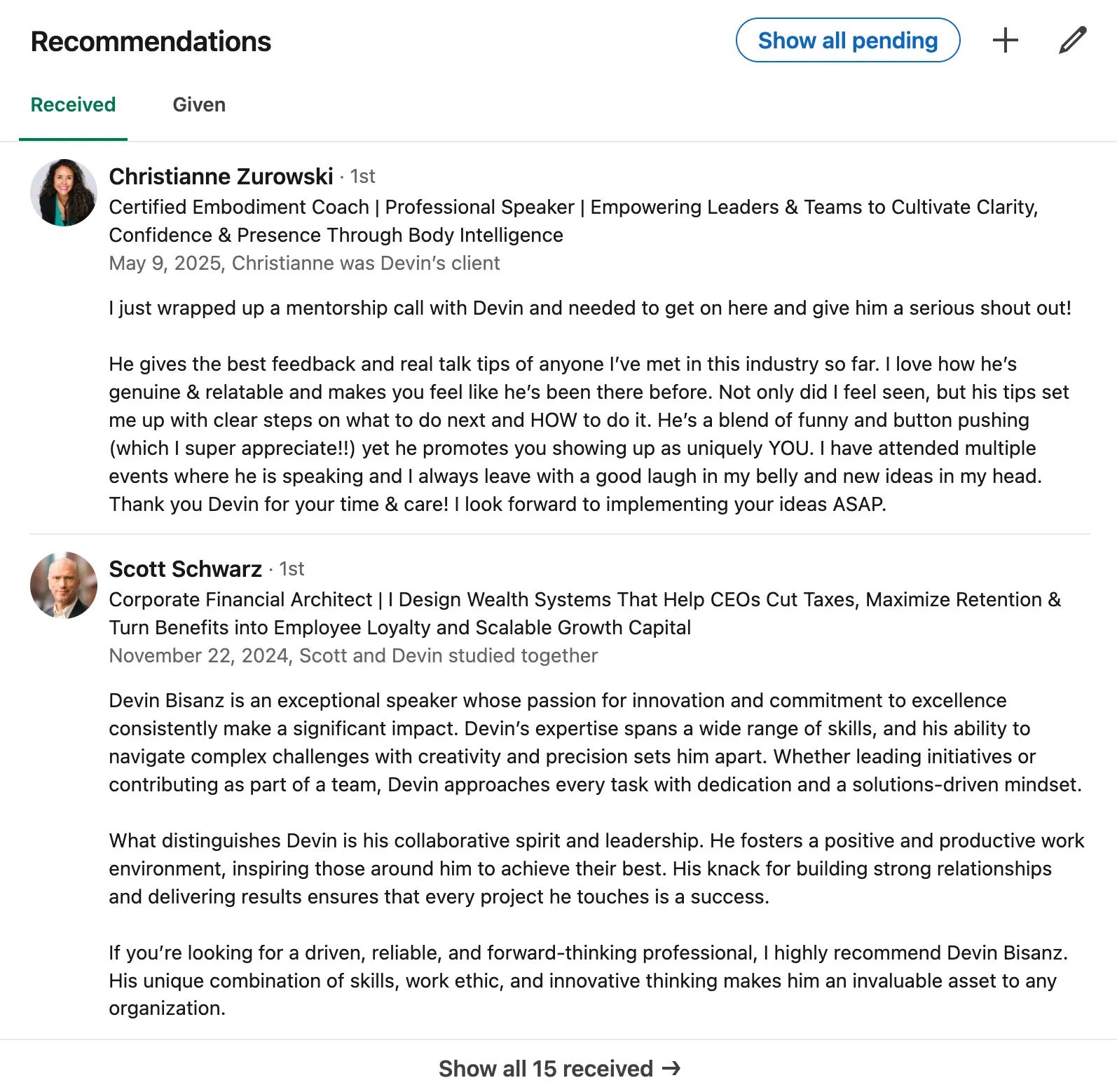 Linkedin Recommendations for Devin Bisanz