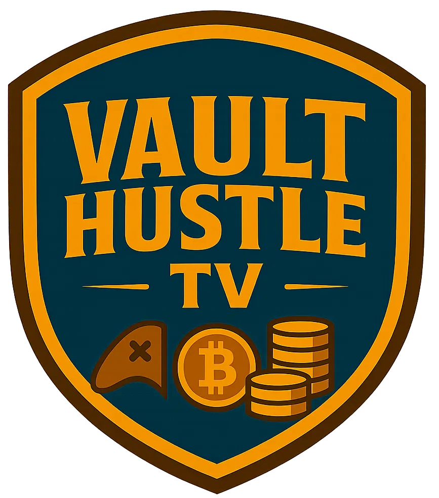 Shield-shaped Vault Hustle TV emblem with bold orange text on a dark blue background. Below ‘VAULT HUSTLE TV,’ three icons represent the Vault Hustle Flip model: a brown game controller symbolizing resaleable clutter, a gold Bitcoin symbol representing conversion into digital sovereignty, and a stack of gold coins representing flipping both valuable items and precious metals into Bitcoin — the new digital gold.