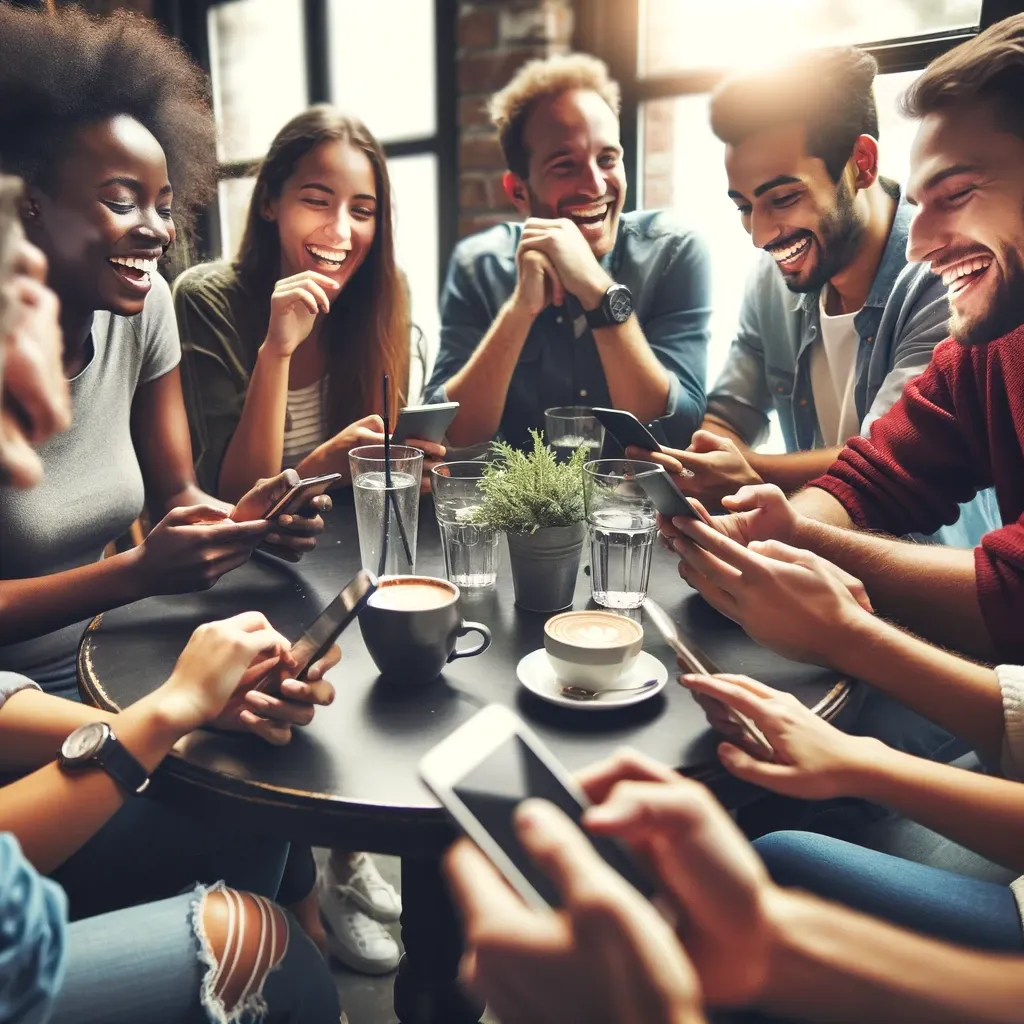 Group of people laughing, sat round a table all looking at their mobilephones