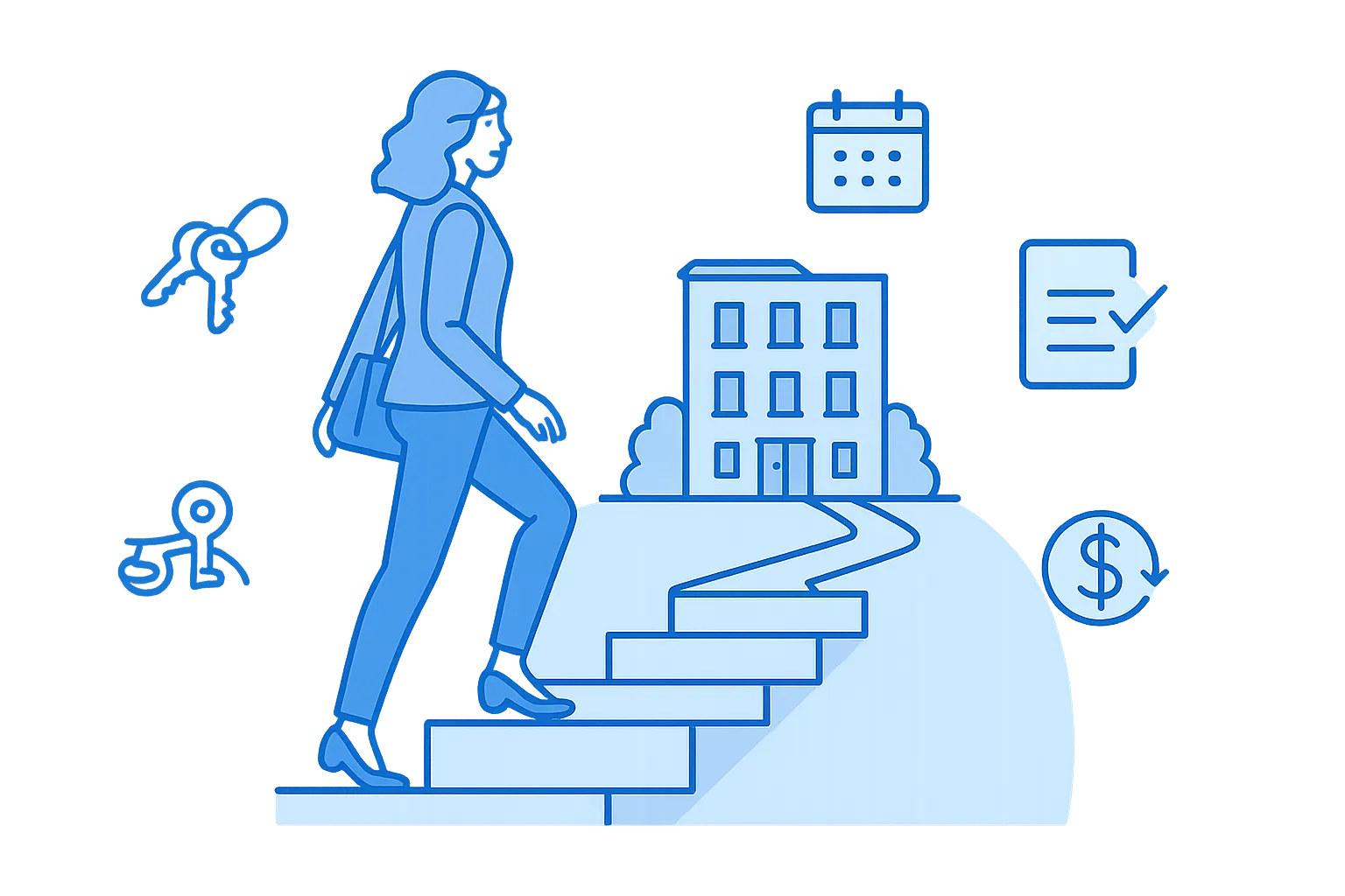 Buyer climbing steps toward NYC co-op/condo building. Icons: keys, calendar, document check, wire transfer. 