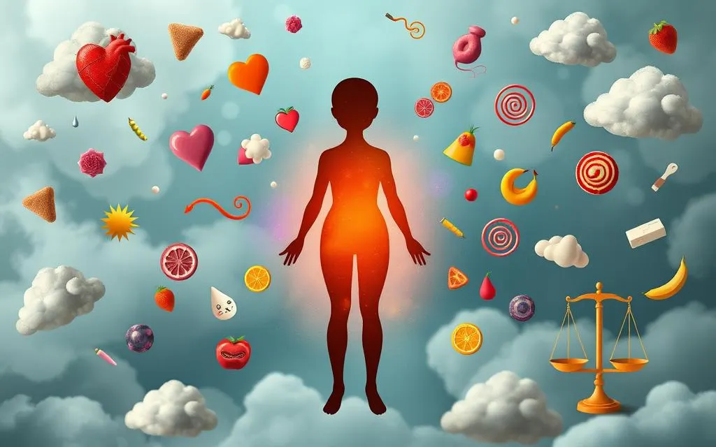 A surreal representation of blood sugar imbalance symptoms, featuring a whimsical body silhouette surrounded by floating icons like a racing heart, sweat droplets, dizzy spirals, and vibrant food items. Incorporate contrastin