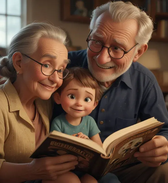 Grandparents sitting in a cozy armchair, reading a colorful storybook to their delighted grandchild.