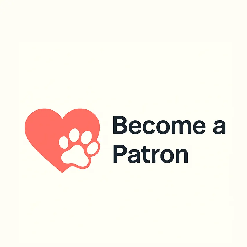 Flat graphic icon of a coral-red heart with a white paw print inside it, positioned to the left of bold black text that reads 'Become a Patron' on a light cream background.