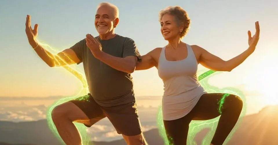 Pareja de adultos mayores activos y llenos de vitalidad, demostrando los beneficios de una buena salud ósea y articular apoyada por el enfoque holístico y los suplementos naturales de DXN.